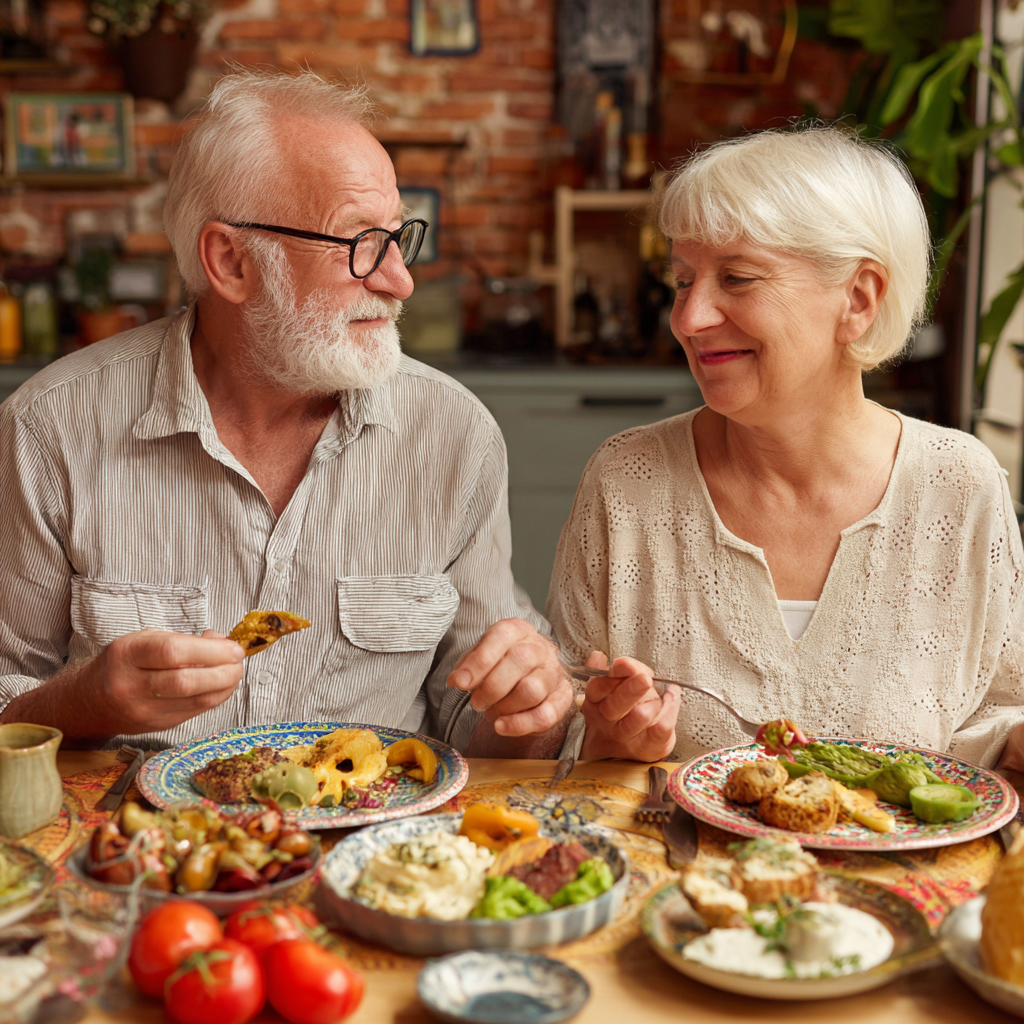 Vidám magyar család egészséges ételekkel körülvéve a konyhájukban, különböző korosztályból